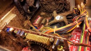Gross desktop PC internals covered in dust and grime