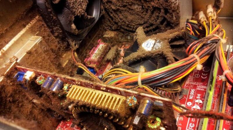 Gross desktop PC internals covered in dust and grime