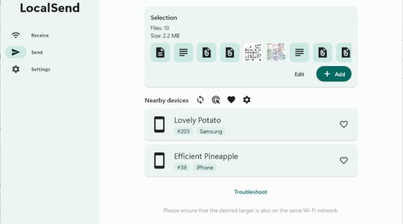 LocalSend's Send menu, showing two nearby devices, including a Samsung device and an iPhone