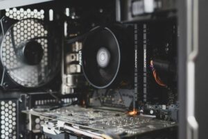 A desktop PC with CPU cooler fan running