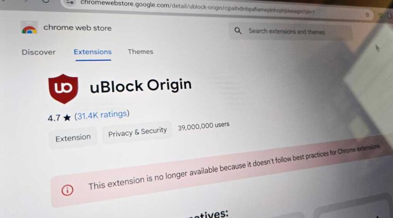 uBlock Origin Chrome Web Store page, showing that it's no longer available