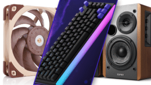 Noctua fan, Logitech gaming keyboard, Edifier speakers