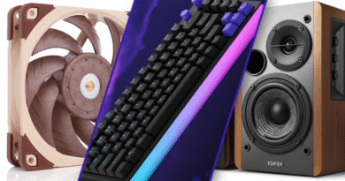 Noctua fan, Logitech gaming keyboard, Edifier speakers
