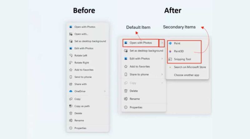 Windows 11 new split context menu in File Explorer before and after