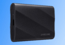 Samsung T9 portable SSD on a blue and white background