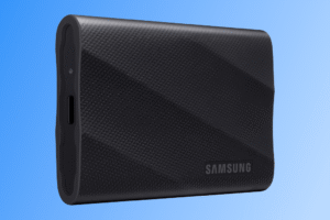 Samsung T9 portable SSD on a blue and white background