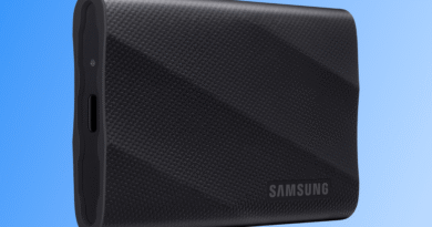 Samsung T9 portable SSD on a blue and white background