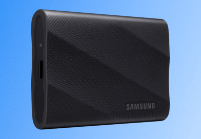 Samsung T9 portable SSD on a blue and white background