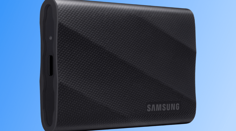 Samsung T9 portable SSD on a blue and white background