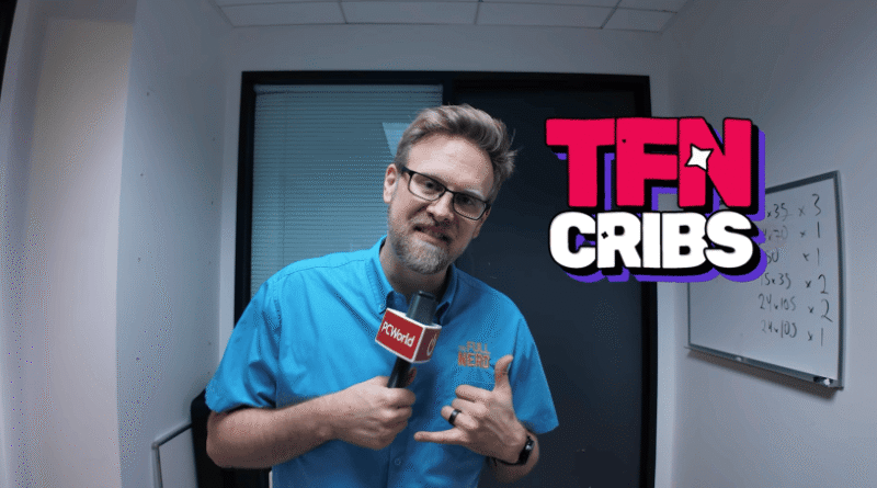 TFN Cribs logo superimposed over Adam Patrick Murray standing in the studio holding a microphone