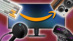 Keyboard, microphone, speaker, and mouse, arranged around a monitor with an Amazon logo