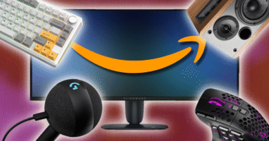 Keyboard, microphone, speaker, and mouse, arranged around a monitor with an Amazon logo