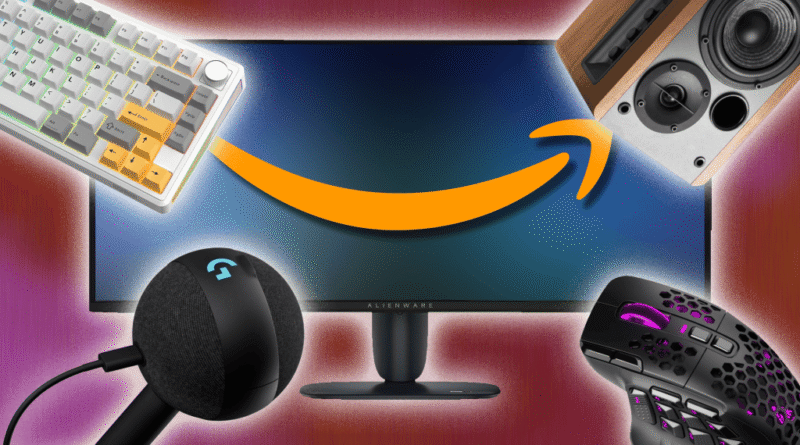 Keyboard, microphone, speaker, and mouse, arranged around a monitor with an Amazon logo